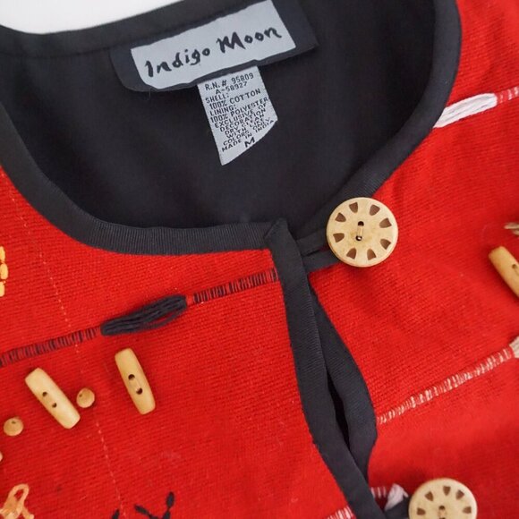 Vintage Indigo Moon Red 100% Cotton Beaded Embroidered Button Up Jacket M - Picture 9 of 13